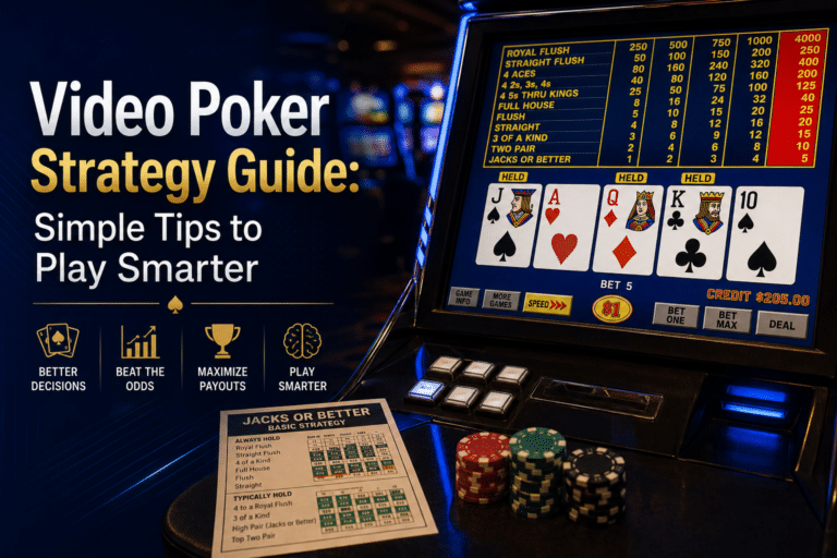 Video poker strategy guide showing simple tips for smarter gameplay and better decision-making.
