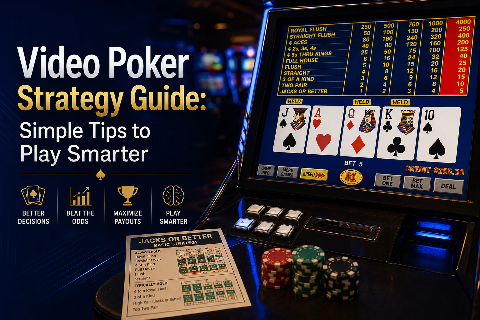 Video poker strategy guide showing simple tips for smarter gameplay and better decision-making.