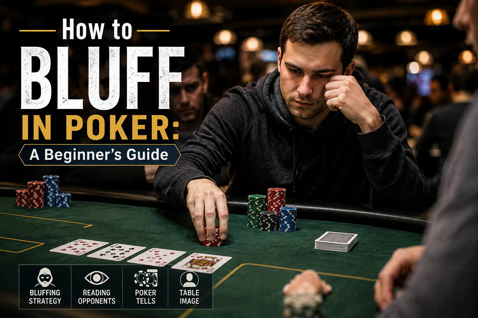Beginner’s guide to poker bluffing, covering basic bluffing strategies, timing, and table tactics.