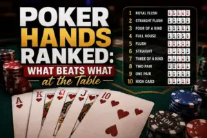 Poker hands ranked from highest to lowest, showing which card combinations beat others at the table.