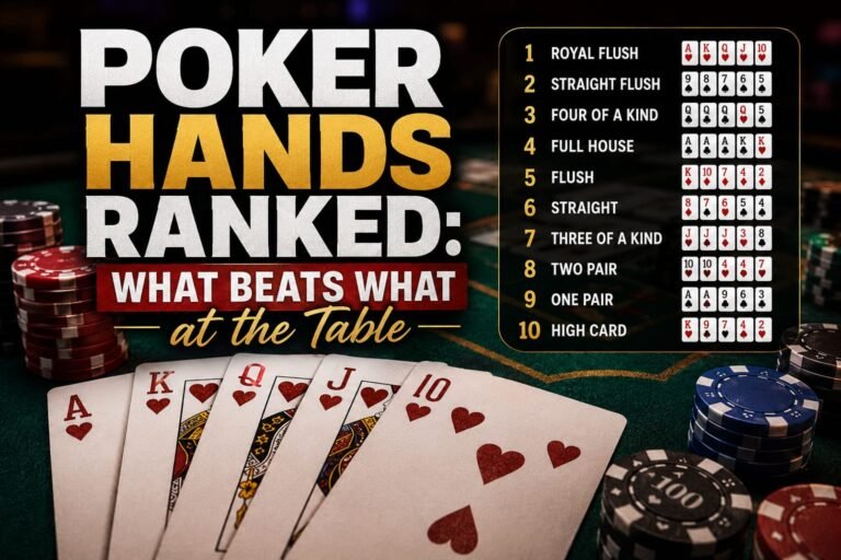 Poker hands ranked from highest to lowest, showing which card combinations beat others at the table.