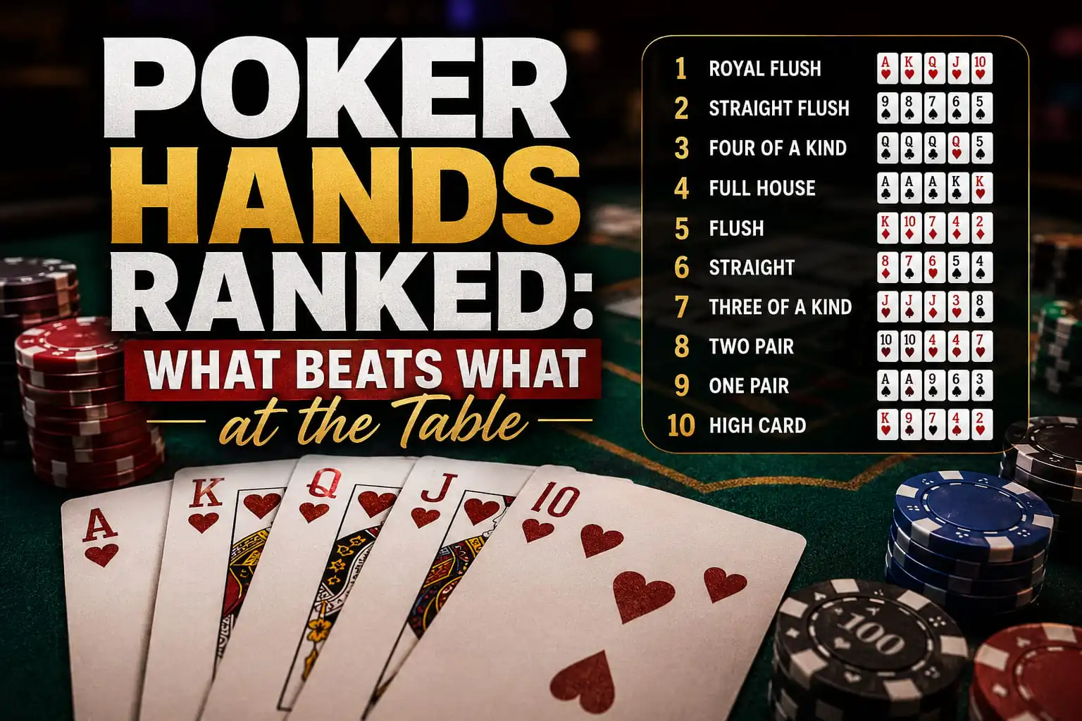 Poker hands ranked from highest to lowest, showing which card combinations beat others at the table.